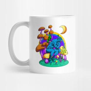 Abstract Man thinks life with mushrooms. Mug